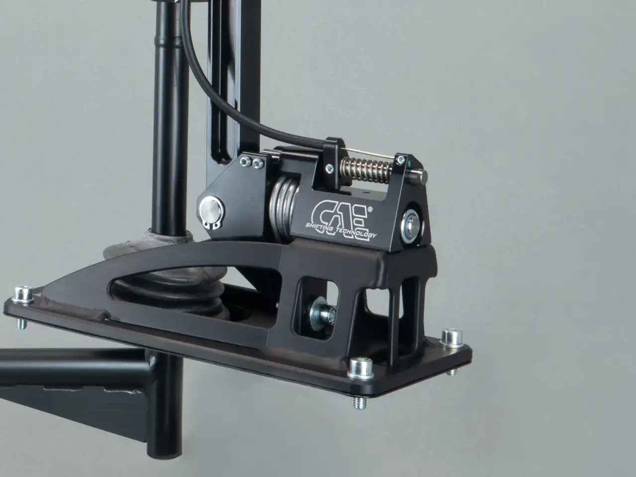 Close-up of a black CAE shifter for the Audi A4 B7.